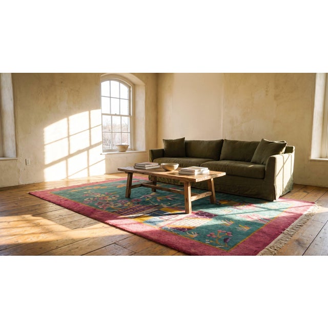 1920s Green Garden Landscape Antique Chinese Art Deco Carpet 2' 6'' X 4' 5'' Knotted Wool Rug For Sale - Image 11 of 13