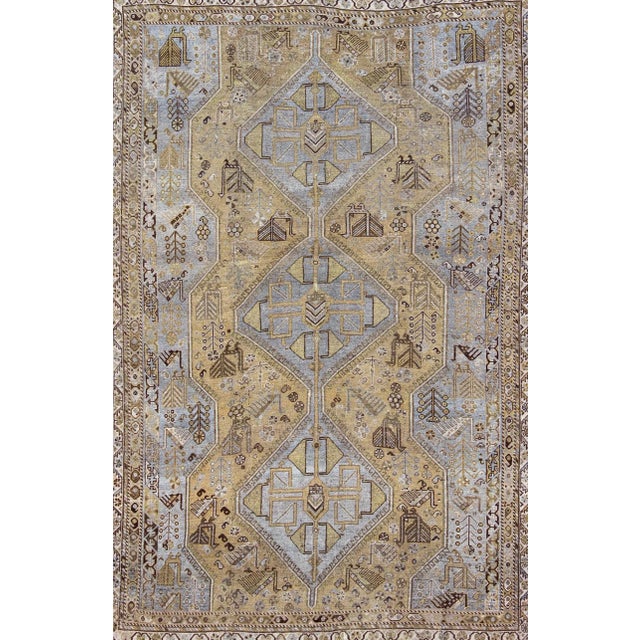 Hand Knotted Vintage Persian Shiraz Rug Tri-Medallion Design in Lavender and Olive 6'7 X 9'5 For Sale - Image 4 of 13