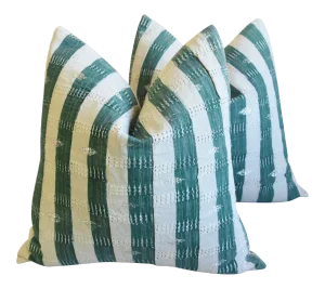 India Green & Beige Striped Feather/Down Pillows 25" Square - Pair