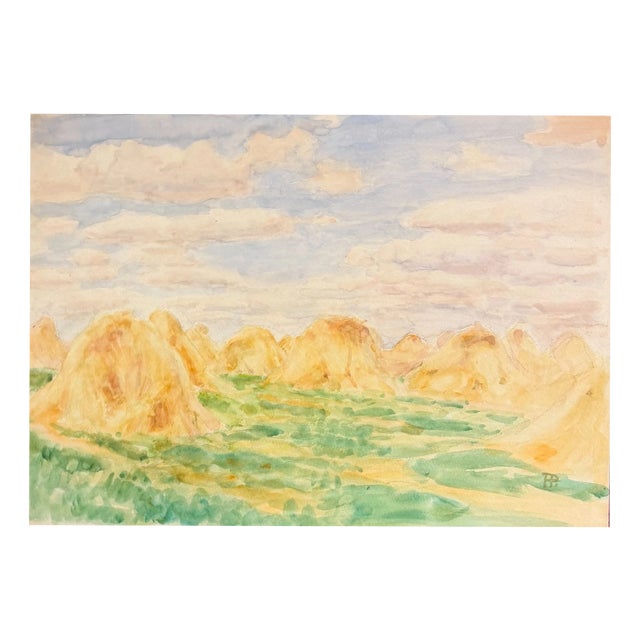 Heinrich Pforr, Haystacks at Knüll Field Landscape Harvest Time, 1890s, Watercolor For Sale