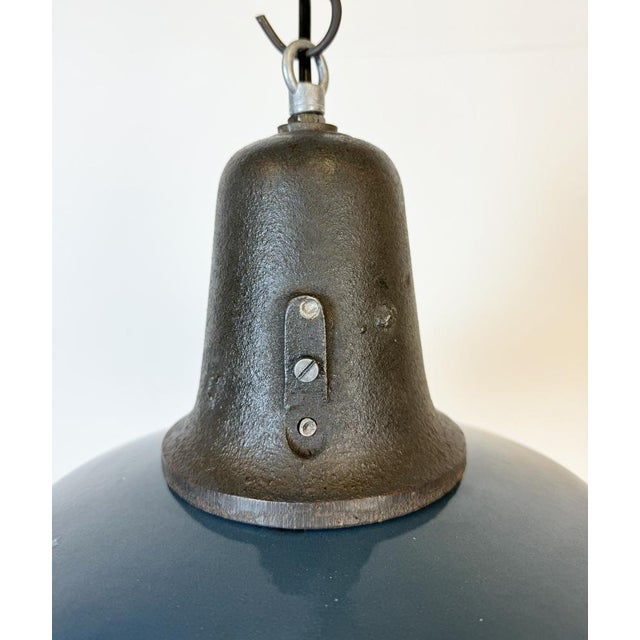 Mid-Century Modern Industrial Blue Enamel Factory Lamp with Cast Iron Top, 1960s For Sale - Image 3 of 18