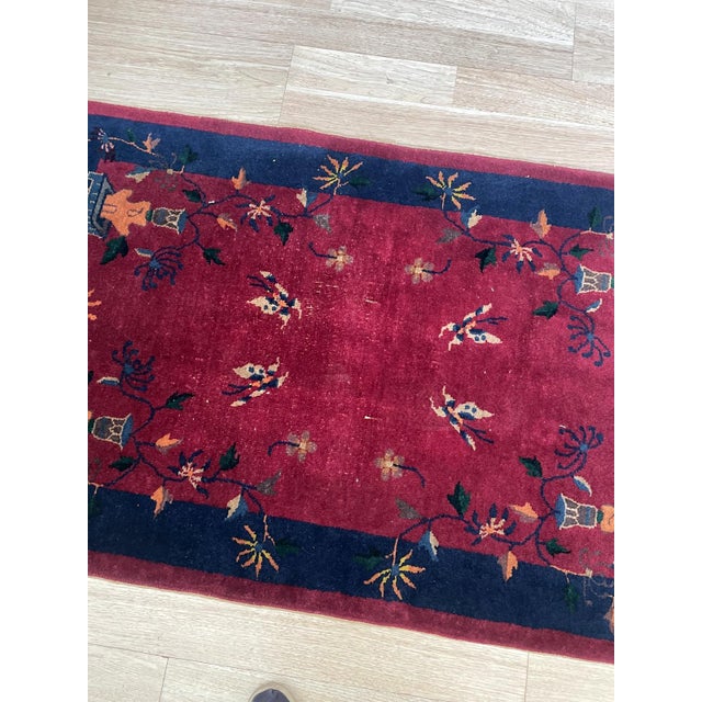 Navy Blue Antique Art Deco Chinese Wool Rug, Butterflies & Crimson Field, C. 1920s — 2'11" × 4'10" For Sale - Image 8 of 10