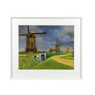 “Windmills” Vintage Oil Pastel, Framed For Sale