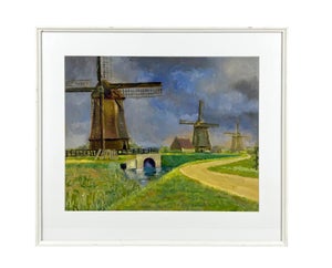 “Windmills” Vintage Oil Pastel, Framed