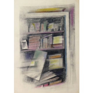 Pollasson, Softly-Colored French Oil Pastel - Bookcase Abstraction For Sale