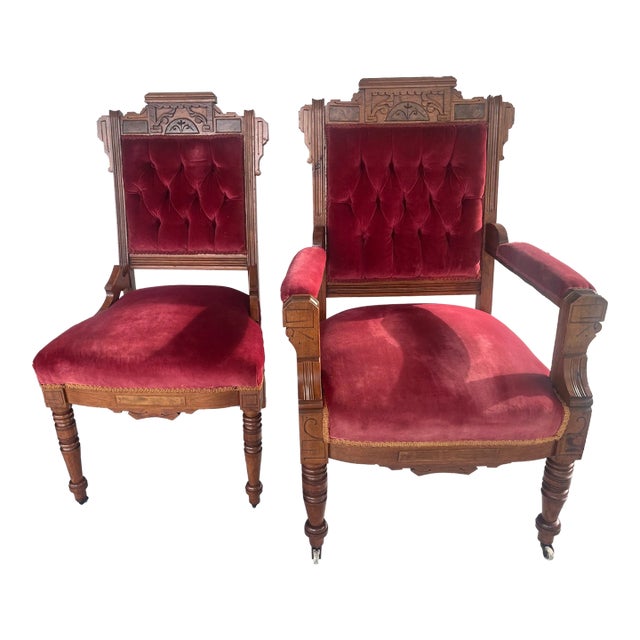 Late 19th Century Eastlake Tufted Velvet Chairs- Set of 2 For Sale