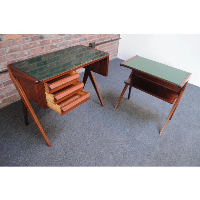 Handsome Italian Modernist Silvio Cavatorta two-piece desk and table set in deeply sculpted Italian Walnut with green...