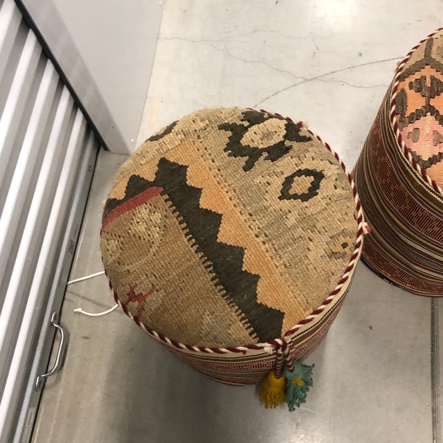 Orange & Brown Kilim Round Poufs/Ottomans With Tassels - Set of 3 For Sale - Image 4 of 10