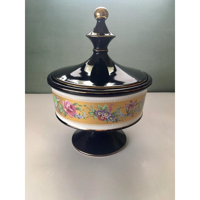 Ink Blue Italian Cobalt Blue Gold Floral Banded Footed Dish For Sale - Image 8 of 11