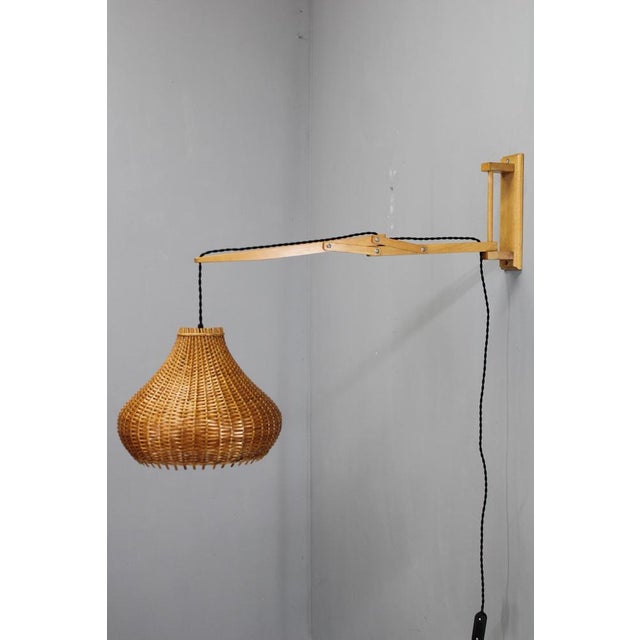 Mid-Century Adjustable Wooden Wall Lamp with Rattan Shade from Lipta, 1970s For Sale - Image 4 of 15