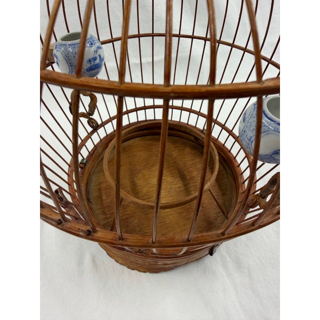 1980s 1980's Asian Bamboo Birdcage With Ceramic Feeders For Sale - Image 5 of 10
