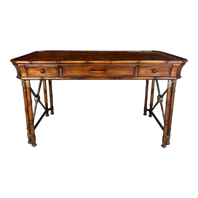Faux Bamboo Campaign Style Burlwood Desk or Writing Table by Hooker Furniture For Sale