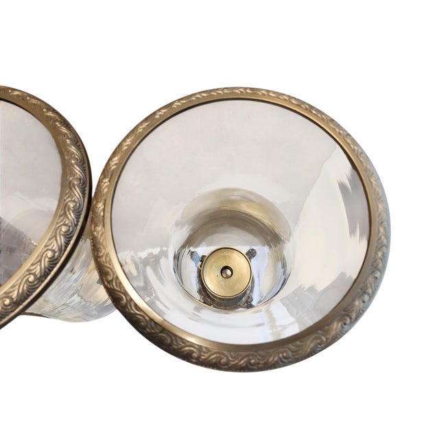 Beautiful pair of Regency style large hurricane lamps in excellent condition. Solid brass bases and brass top rings with...