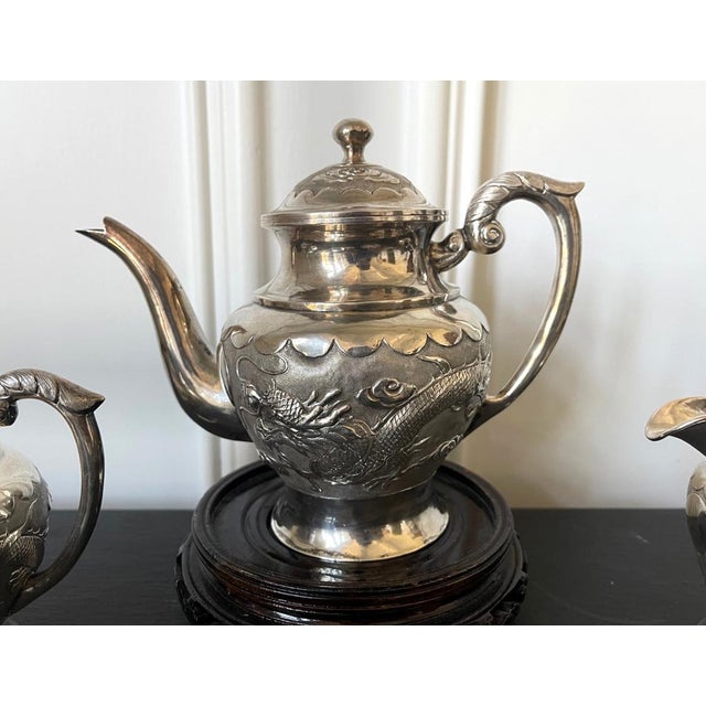 Early 20th Century Rare Chinese Export Sterling Silver Tea Set with Dragon Design Tianjing Wuhua - 13 pcs For Sale In Atlanta - Image 6 of 18