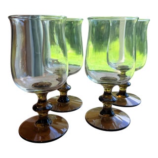 Vintage Mid-Century Modern Libbey Two Tone Tawny Brown Tulip Goblets 5.75" Set of 4 For Sale