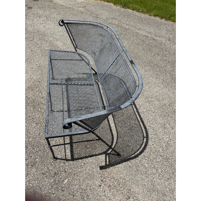 Russell Woodard Vintage Wrought Iron Garden and Patio Furniture Four Piece Set Featuring Barrel Back Chairs and Bench With End Table For Sale - Image 4 of 10