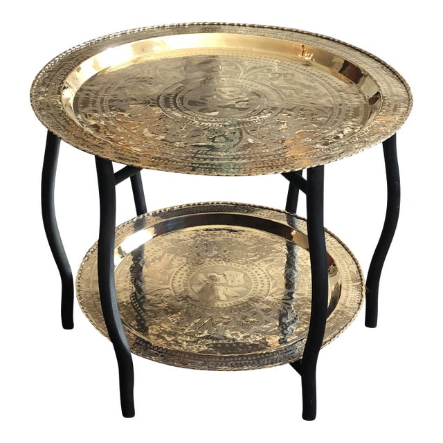 Mid-20th Century Engraved Heavy Brass Two-Tier Chinese Tray Table For Sale