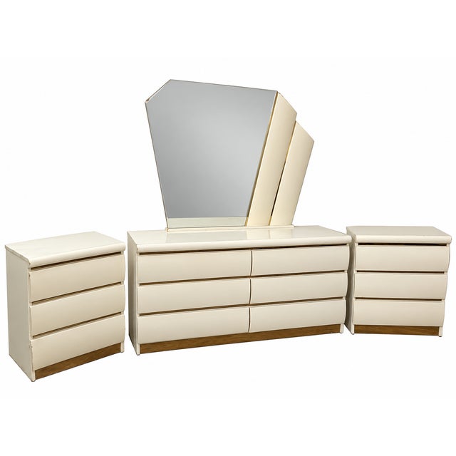 Art Deco Millennium Cream Postmodern Dresser and Two Nightstands With Asymmetrical Mirror For Sale - Image 3 of 14