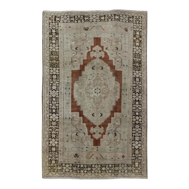 Vintage Turkish Oushak Rug With Geometric Central Medallion in Earth Tones For Sale