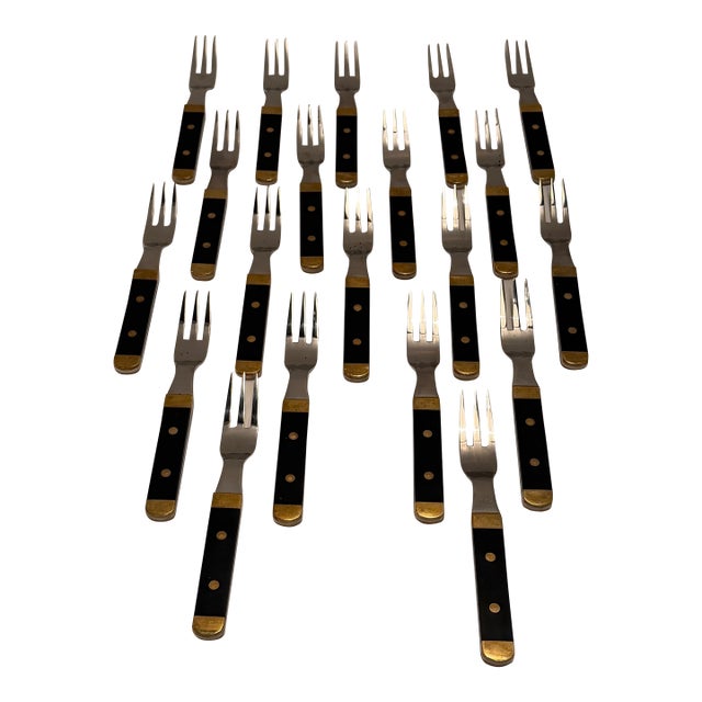 Rare Set of Vintage Swedish Stainless Steel Brass & Wood Flatware For Sale