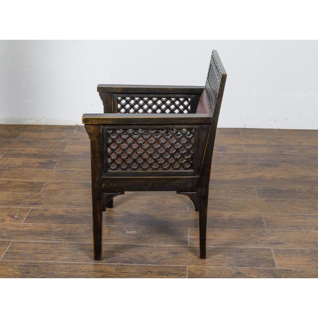 Set of 12 Moroccan Ebonized Carved Wood Armchairs with Leather Seats, circa 1900 For Sale - Image 10 of 12