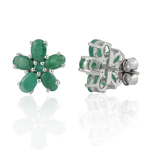 Not Yet Made - Made To Order Handcrafted 5.02 Ct Natural Green Emerald Floral Cluster Stud Earrings 2 Pieces For Sale - Image 5 of 13