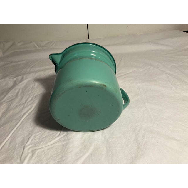 Metal Vintage Large Enamelware Pitcher Aqua With White Interior Double Gold Stripes For Sale - Image 7 of 7