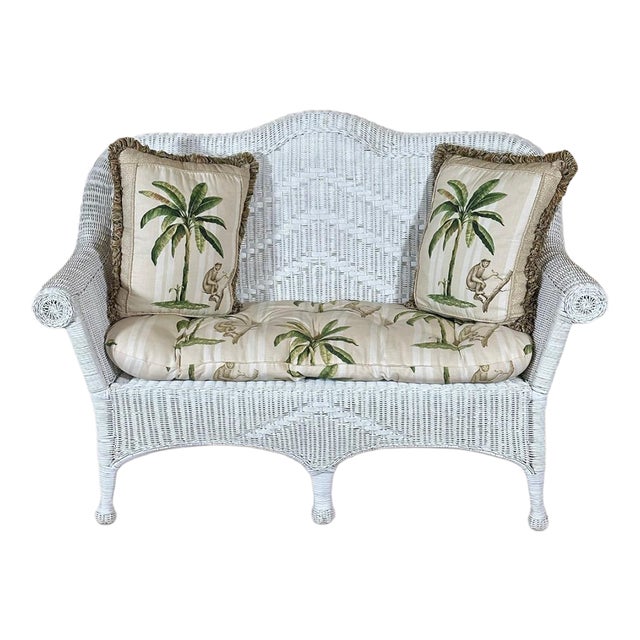 Vintage Palm Beach Regency White Wicker Camelback Settee Loveseat For Sale