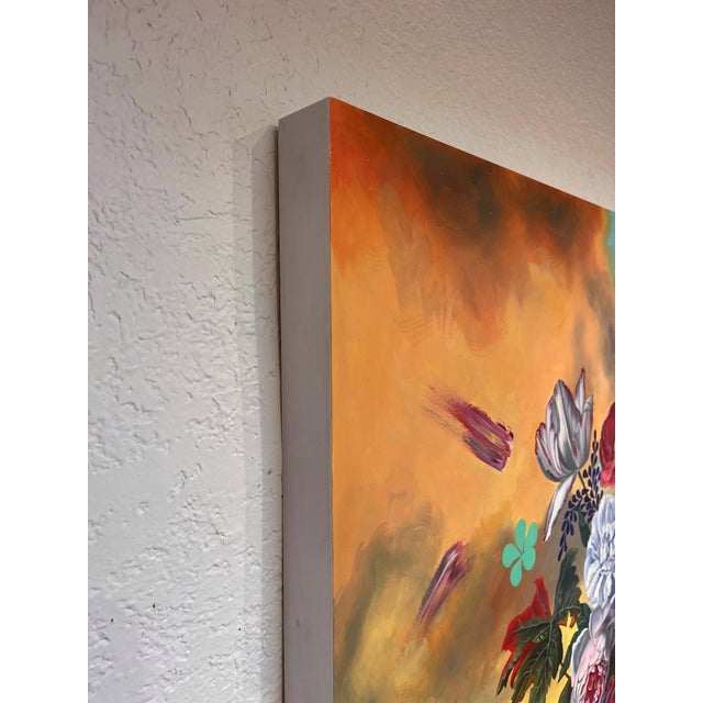 Contemporary Flowers Turning in the Sky by Robin Hextrum | Oil on Panel Floral arrangement against a colorful background For Sale - Image 3 of 4