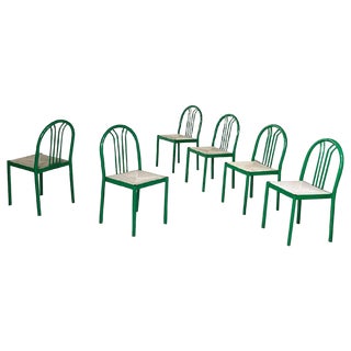 Italian Modern Green Tubular Metal and Grey Straw Stackable Chairs, 1980s, Set of 6 For Sale