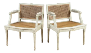 Early 20th Century Louis XVI Style French Fauteils Chairs With Cane and Paint