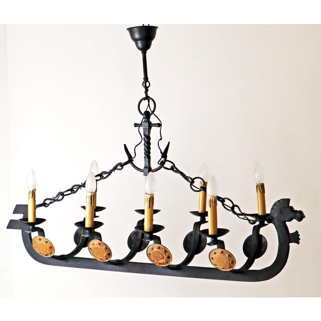 Wrought -Iron Vikinger Longboat Chandelier with Horse Head For Sale - Image 13 of 18