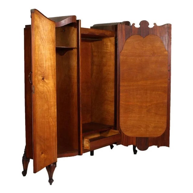 Baroque Venetian Hand-Carved Walnut & Burl Walnut Wardrobe with Mirror, 1910s For Sale - Image 4 of 5
