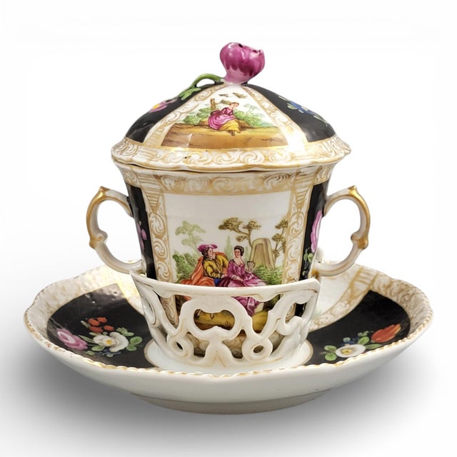 Augustus Rex Revival Chocolate Cup Trembleuse and Saucer by Helena Wolfsohn, Dresden, 1870s, Set of 2 For Sale - Image 15 of 15