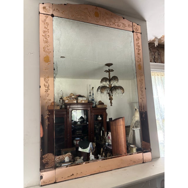 Glass Large Vintage Venetian Peach Glass Etched Floral Wall Mirror For Sale - Image 7 of 7
