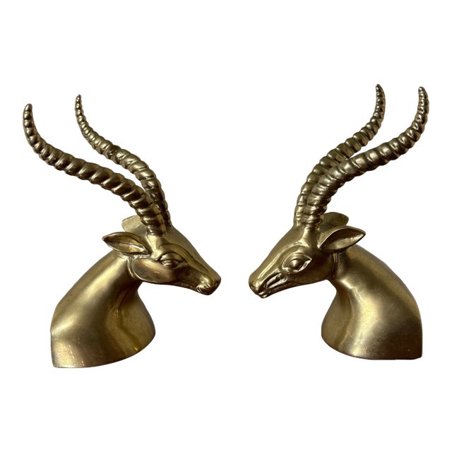 Solid Brass Antelope Gazelle Ram Head MCM Bookends Pair Vintage Heavy For Sale