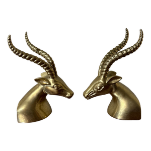 Solid Brass Antelope Gazelle Ram Head MCM Bookends Pair Vintage Heavy