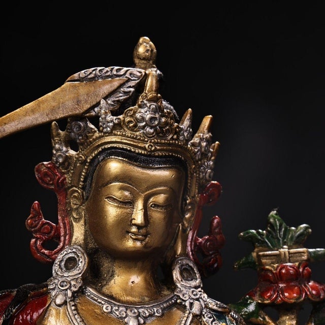 Bronze Late 20th Century Gilt Bronze Manjushri Statue Bodhisattva Sword Lotus Sculpture 7.9" For Sale - Image 8 of 9