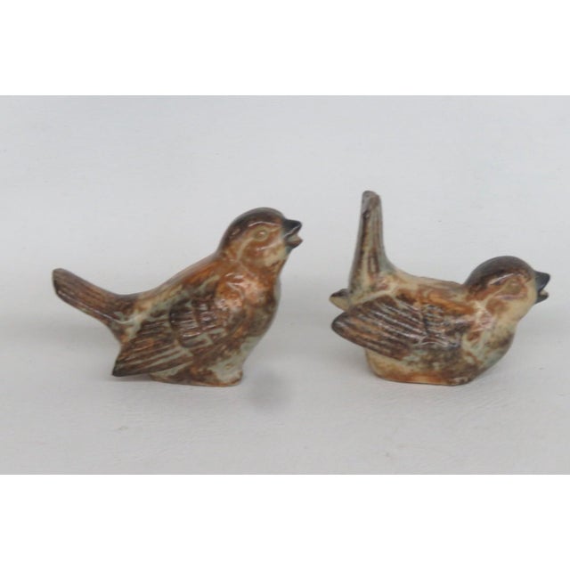 Figurative Stoneware Pottery Pair of 2 Sparrow Bird Figurines Brown Feather Details 4970b For Sale - Image 3 of 10