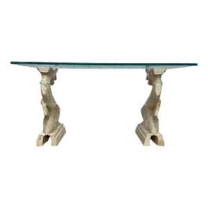 Vintage Hollywood Regency Asian Dragon Statue With Glass Top Console Table