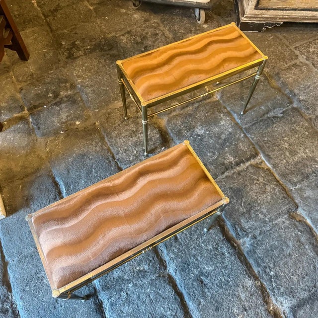 Two 1950s Mid-Century Modern Brass and Brown Velvet Rectangular Italian Stools For Sale - Image 11 of 16