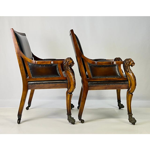 Brown Pair of Theodore Alexander Regency Style Carved Lion & Hairy Paw Caster Armchairs in Brown Leather For Sale - Image 8 of 17