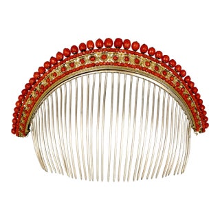 Antique French Empire Coral Hair Comb Diadem Tiara Gold Vermeil Silver For Sale