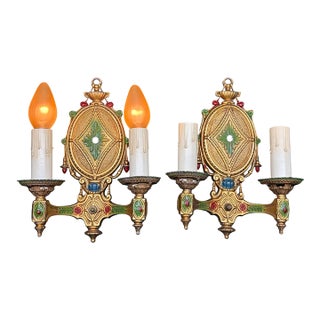 1920s Baroque Cast Aluminum Wall Sconces With Original Polychrome Finish - Pair For Sale