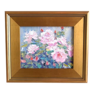Rose Garden Pastel Roses Oil Painting Including the Antiqued Wood Gold Frame For Sale