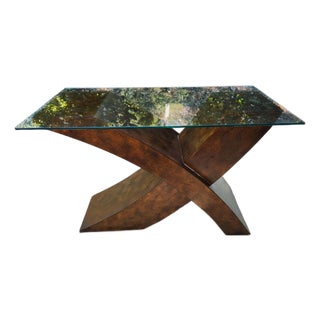 1970s Postmodern Interlocking Burl Wood X-Base Entry Table or Expandable Dining Base For Sale