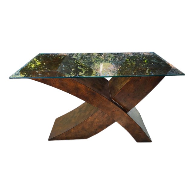 1970s Postmodern Interlocking Burl Wood X-Base Entry Table or Expandable Dining Base For Sale