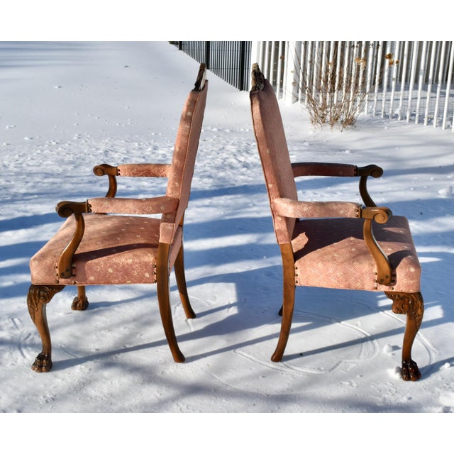 Wood Antique Carved Walnut Armchairs Chippendale Italian Style With Claw Feet Pair For Sale - Image 7 of 11