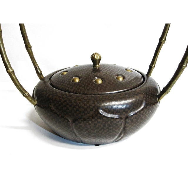 1980s Castilian Brown Porcelain Lidded Jar Sculpture With Twisted Vine Design Brass Handle For Sale In Austin - Image 6 of 12