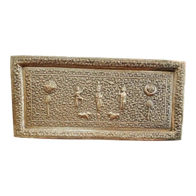 19th Century Indian Brass Wall Plaque With Hindu Deities and Floral Relief For Sale